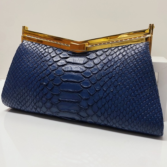 J. Mendel Paris Minuit Navy Blue Gold Python Snakeskin Top Handle Clutch Bag - Picture 2 of 11